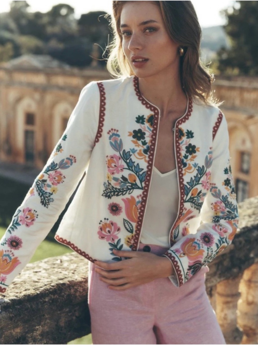 Boden White Embroidered Floral Jacket with Multicolor Trim Islington NWT US 6